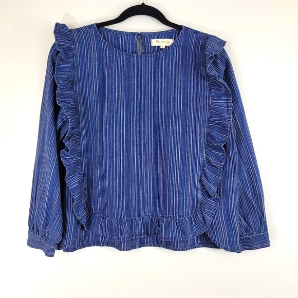 MADEWELL ruffle front Cecile rainbow stripe long sleeve dainty romantic top - Picture 2 of 11